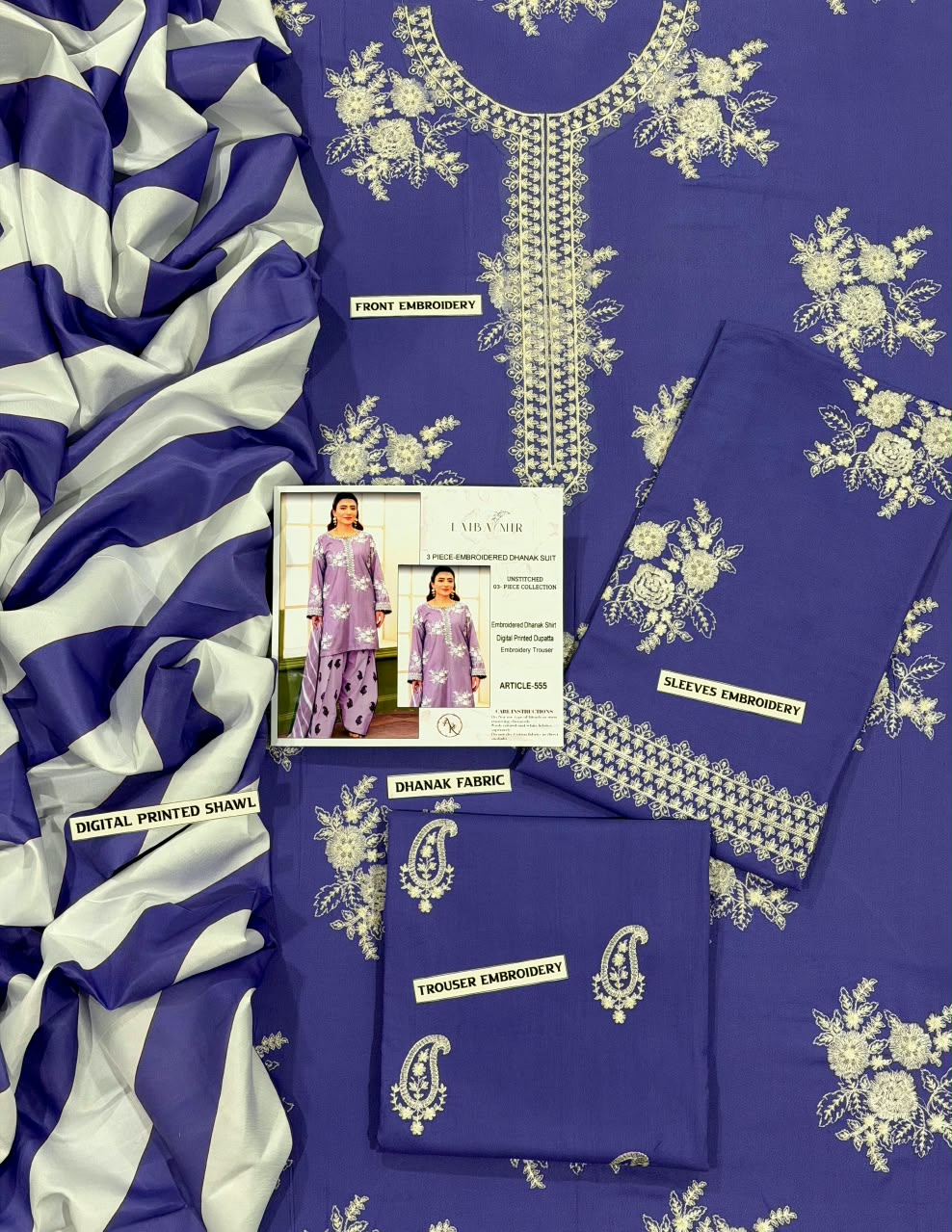 Laiba Mir| Embroidered Dhanak 3PC Unstitched Suit