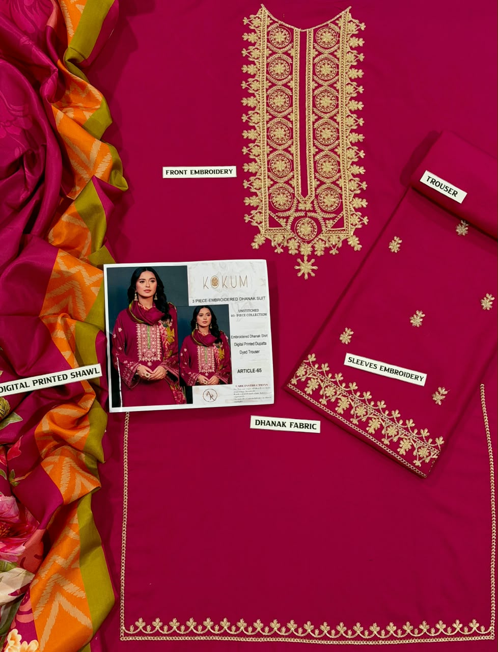 Kokum | Embroidered Dhanak 3PC Unstitched Suit