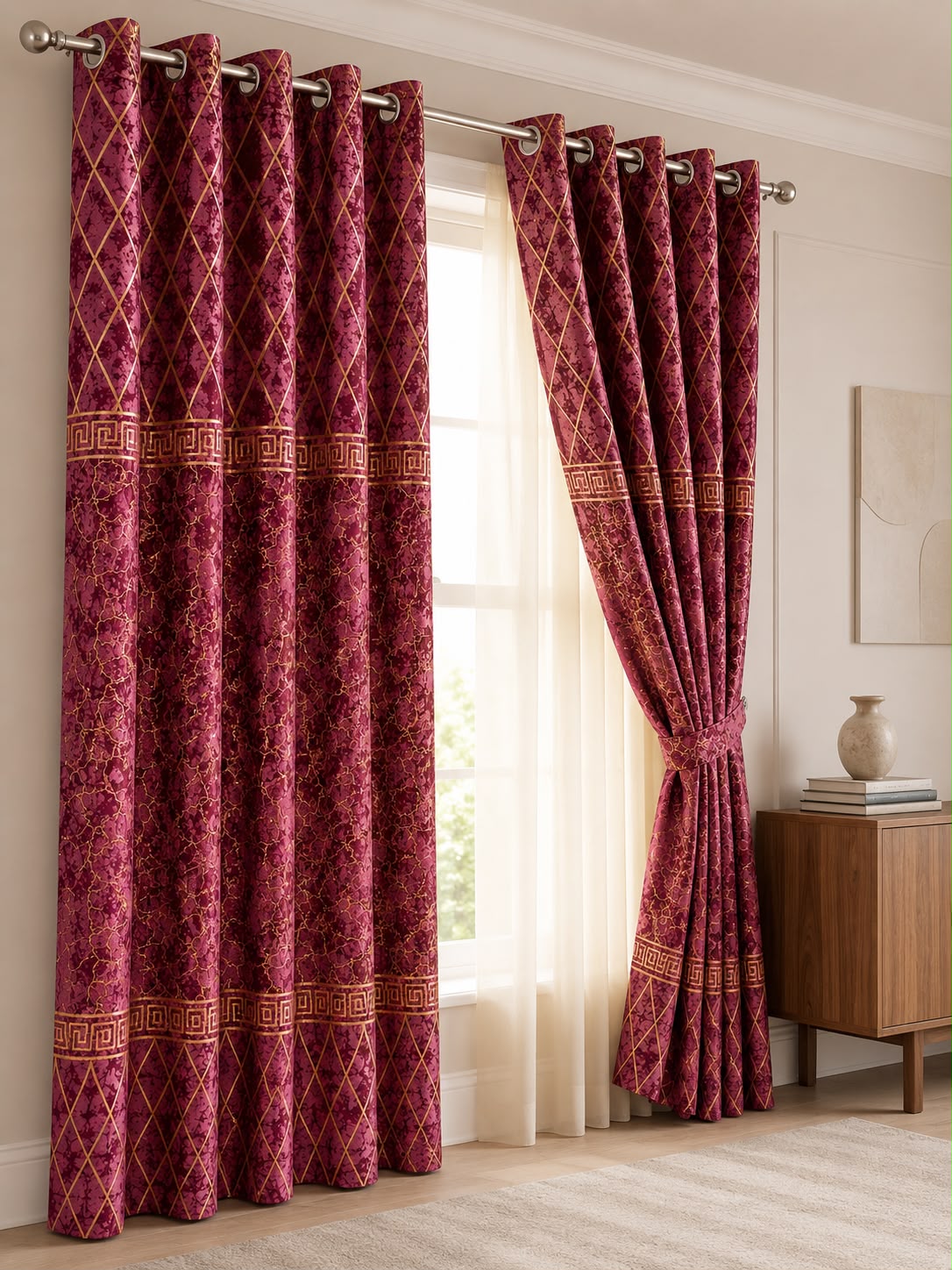 Luxury Velvet Printed Curtains Pair(2 Pice) – Premium Eyelet Ready-to-Hang | 4×9 Ft