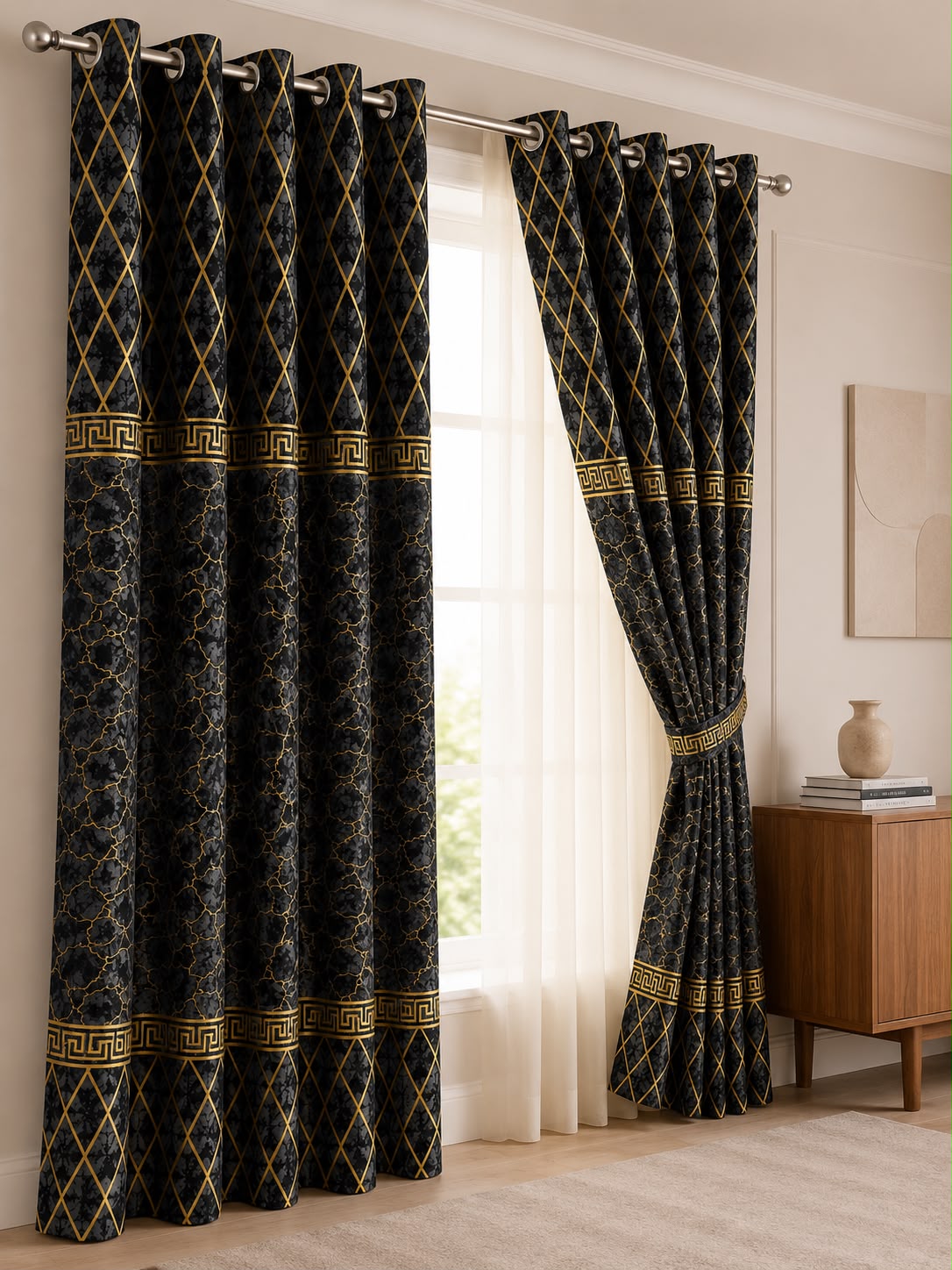 Luxury Velvet Printed Curtains Pair(2 Pice) – Premium Eyelet Ready-to-Hang | 4×9 Ft