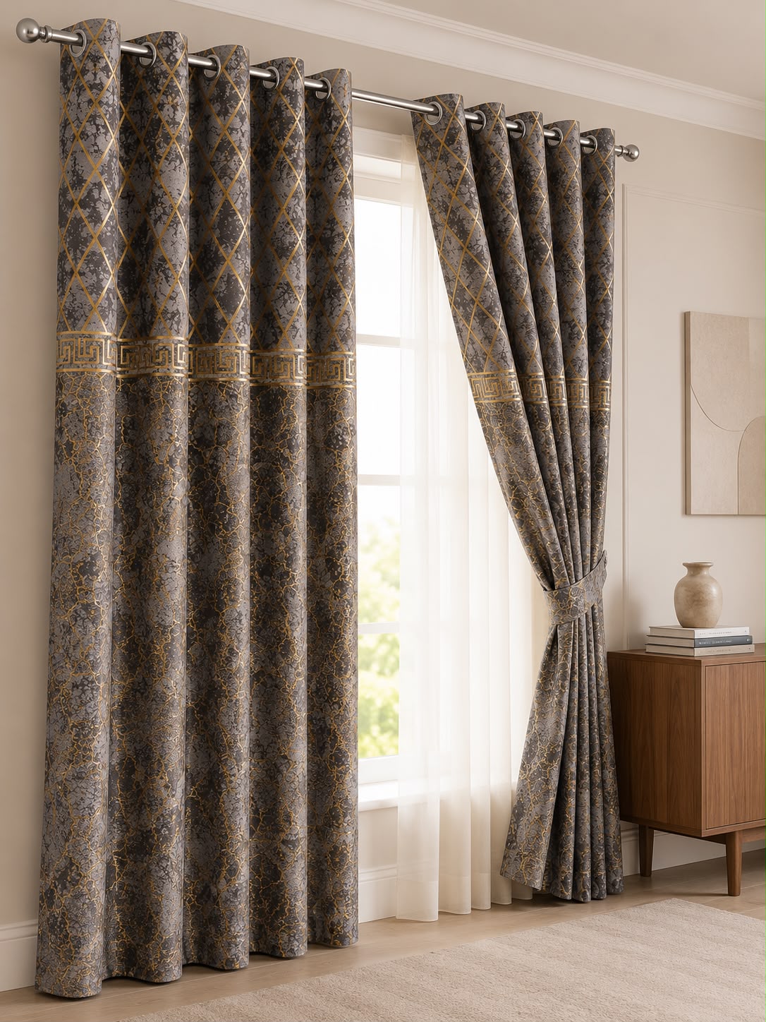 Luxury Velvet Printed Curtains Pair(2 Pice) – Premium Eyelet Ready-to-Hang | 4×9 Ft