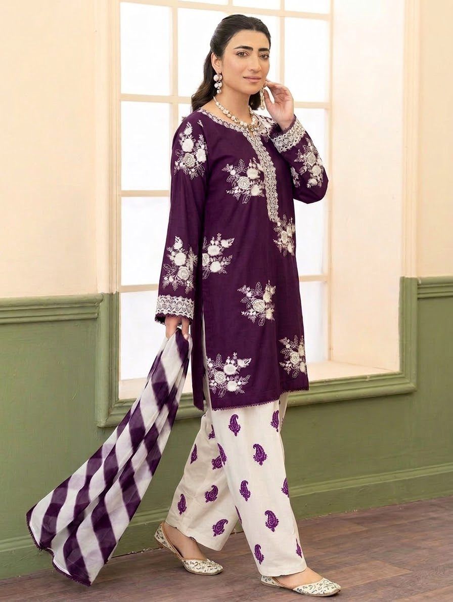Laiba Mir| Embroidered Dhanak 3PC Unstitched Suit