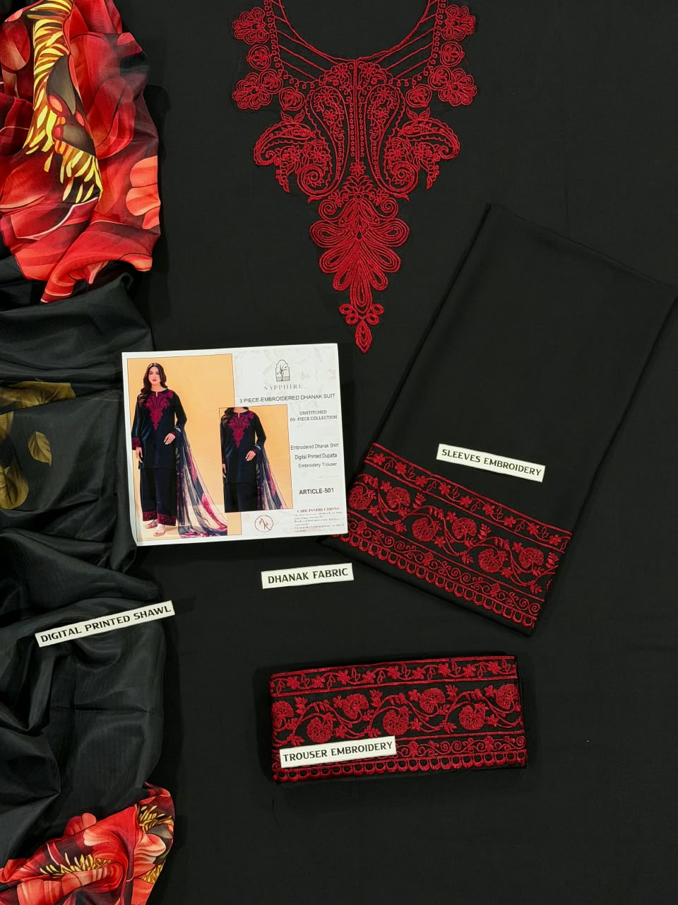 Sapphire | Embroidered Dhanak 3PC Unstitched Suit