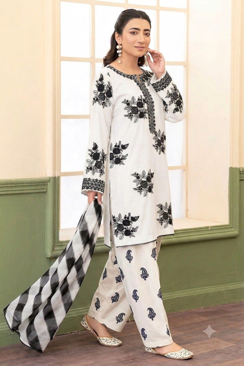 Laibn Mir| Embroidered Dhanak 3PC Unstitched Suit