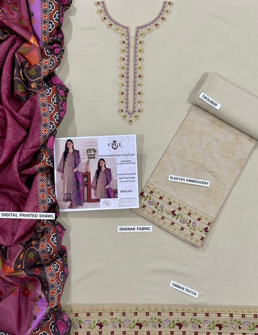 Urige| Embroidered Dhanak 3PC Unstitched Suit